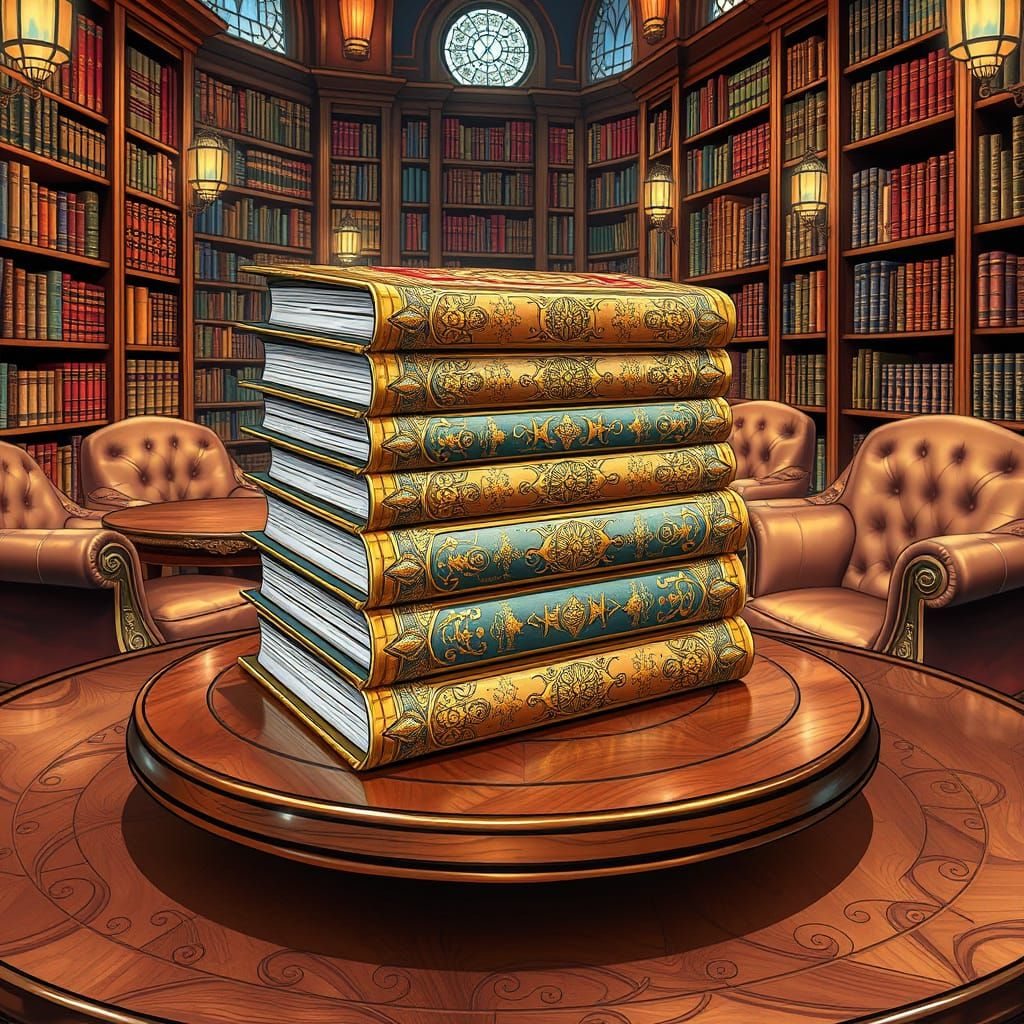 Luxurious Leather-Bound Tomes in a Whimsical Bookstore
