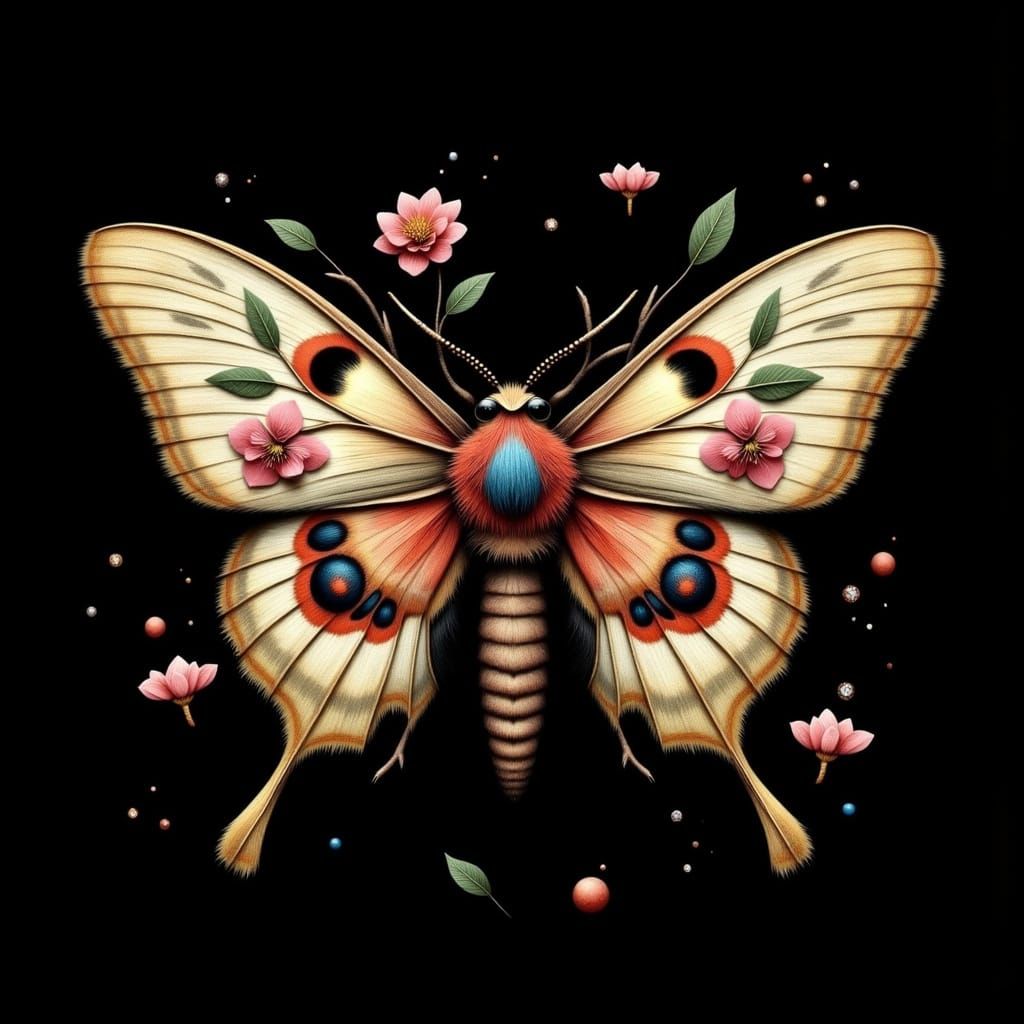 Fantasy Moth with Intricate Wings and Flowers