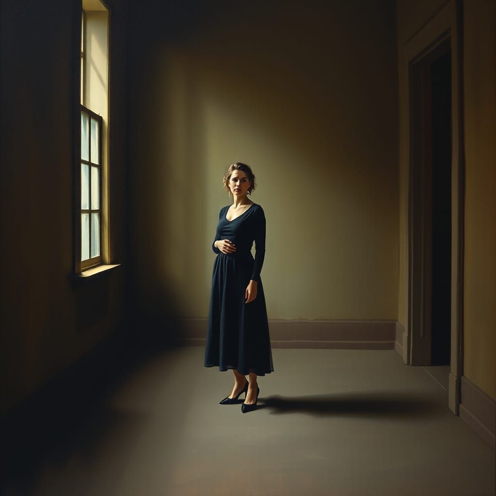 Melancholic Woman in Earthy Tones, Oil Painting Style