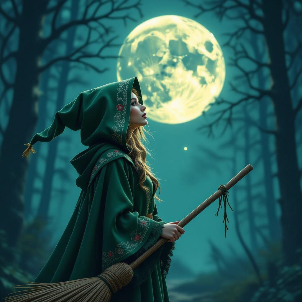Ethereal Witch Gazing at Moon in Dark Forest