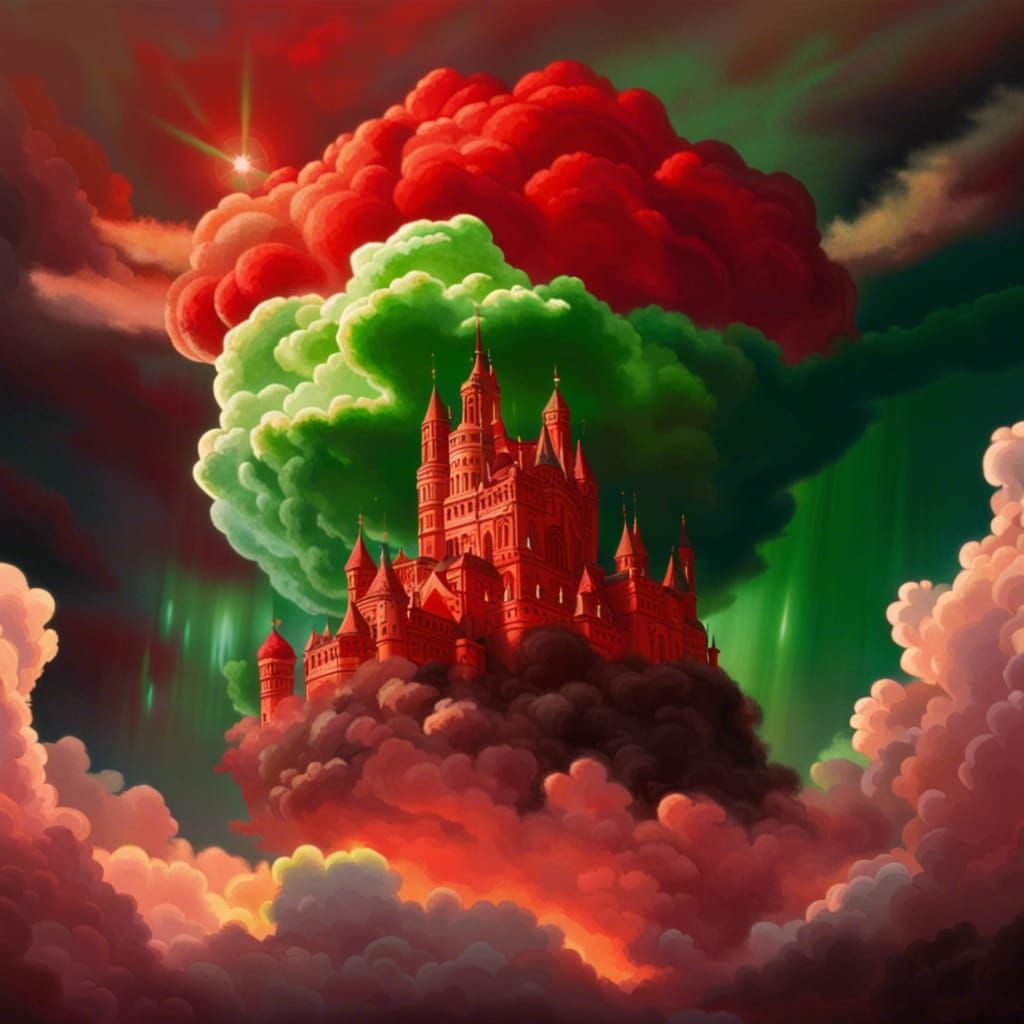Crystal Castle Hidden in Red Sunset Clouds