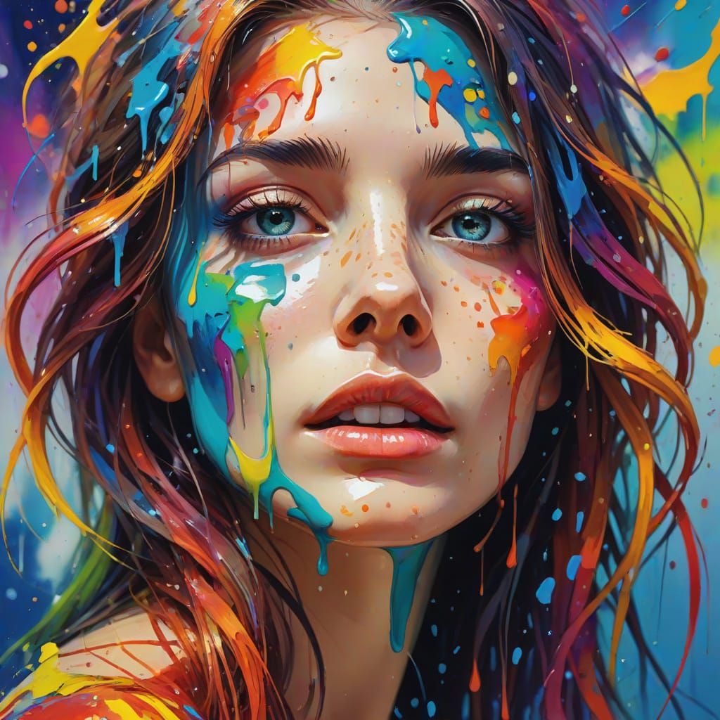 Woman in Vibrant Oil Splatters, Close-Up Portrait in Colorfu...