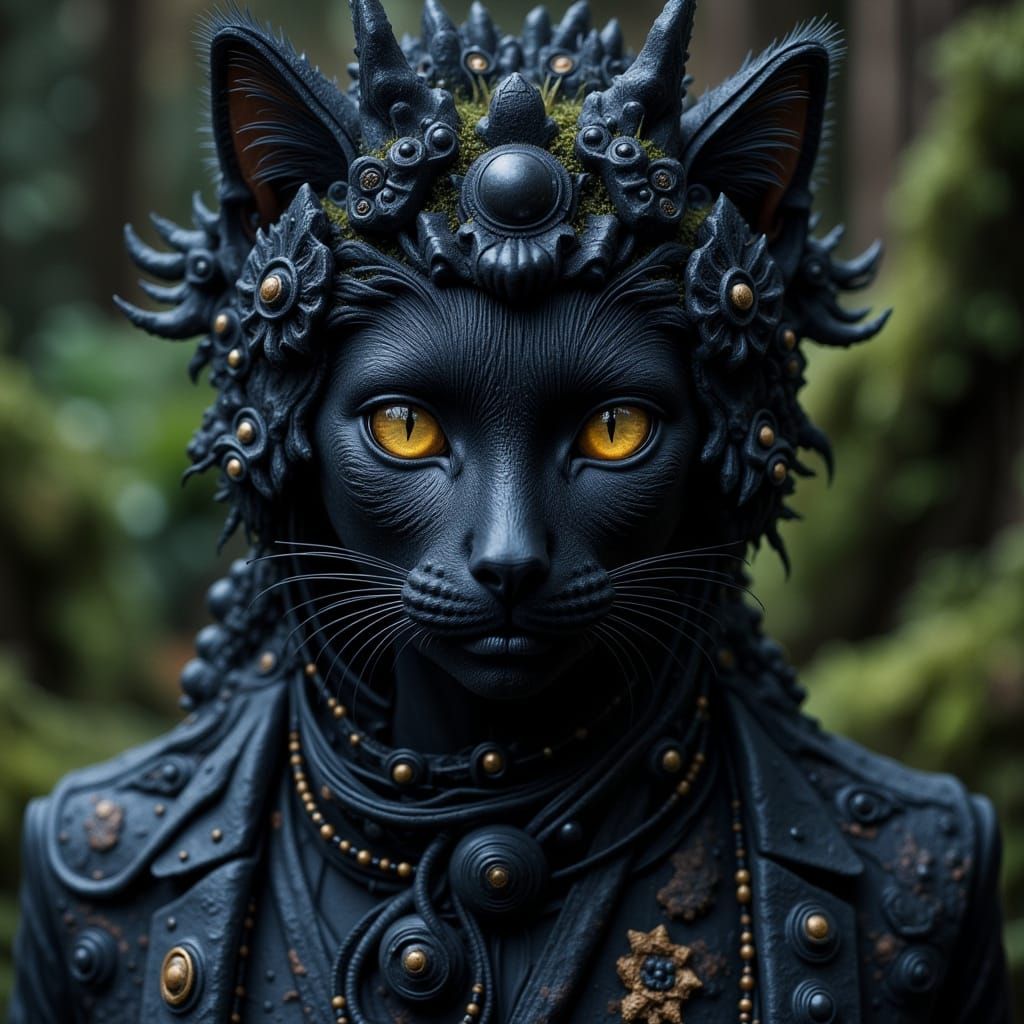 Abstract Black Cat in Dark Forest