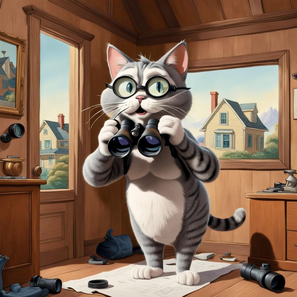Cat Spy: Hyperrealistic Cartoon Scene