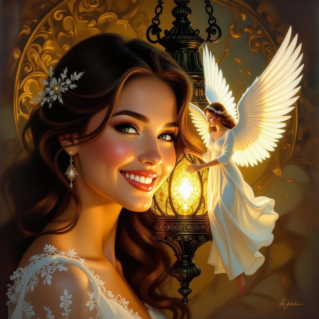 Surrealist Oil Portrait: Joyful Woman in Mystical Lamp