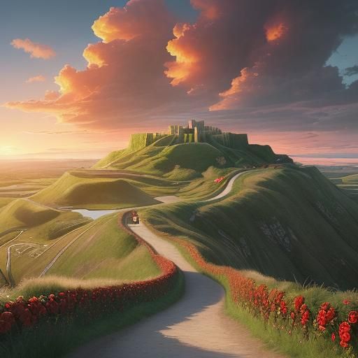 Northumberlandia Path with Red Roses at Sunrise