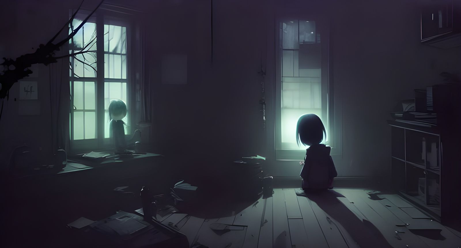 Sad Ghost in Dark Room: Digital Illustration