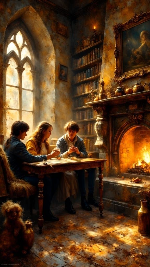 Cozy Hufflepuff Common Room Scene With Friends