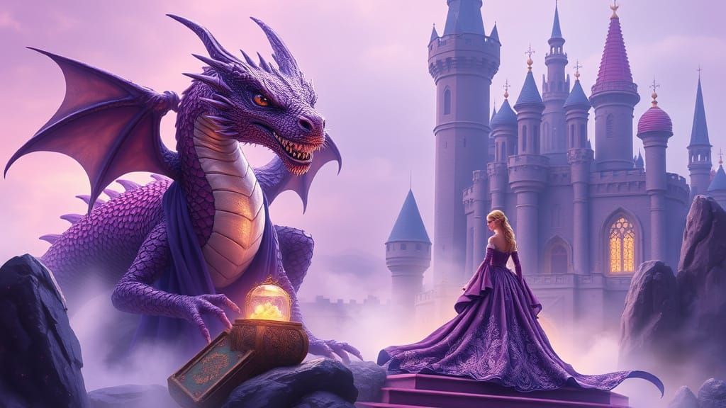 Majestic Purple Dragon in Whimsical Castle