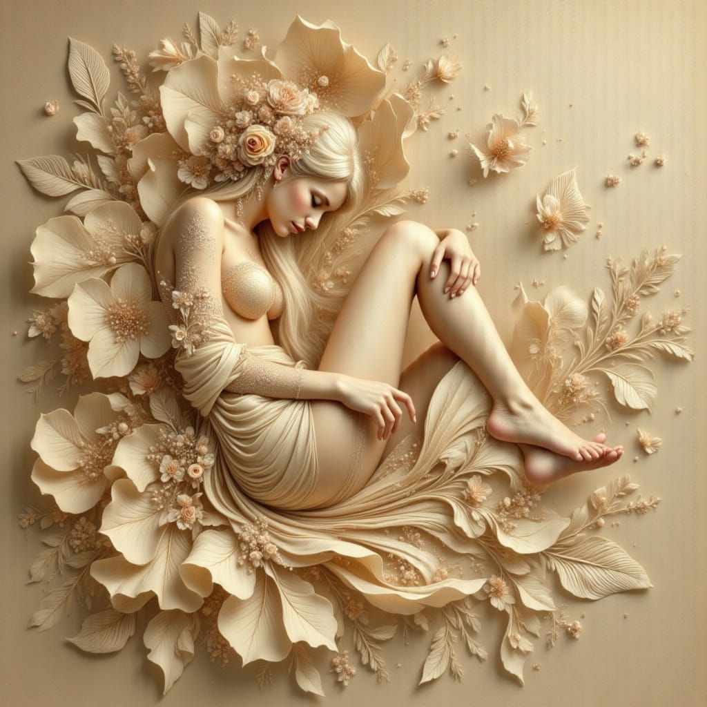 Meditative Figure Amidst Textured Paper Folds