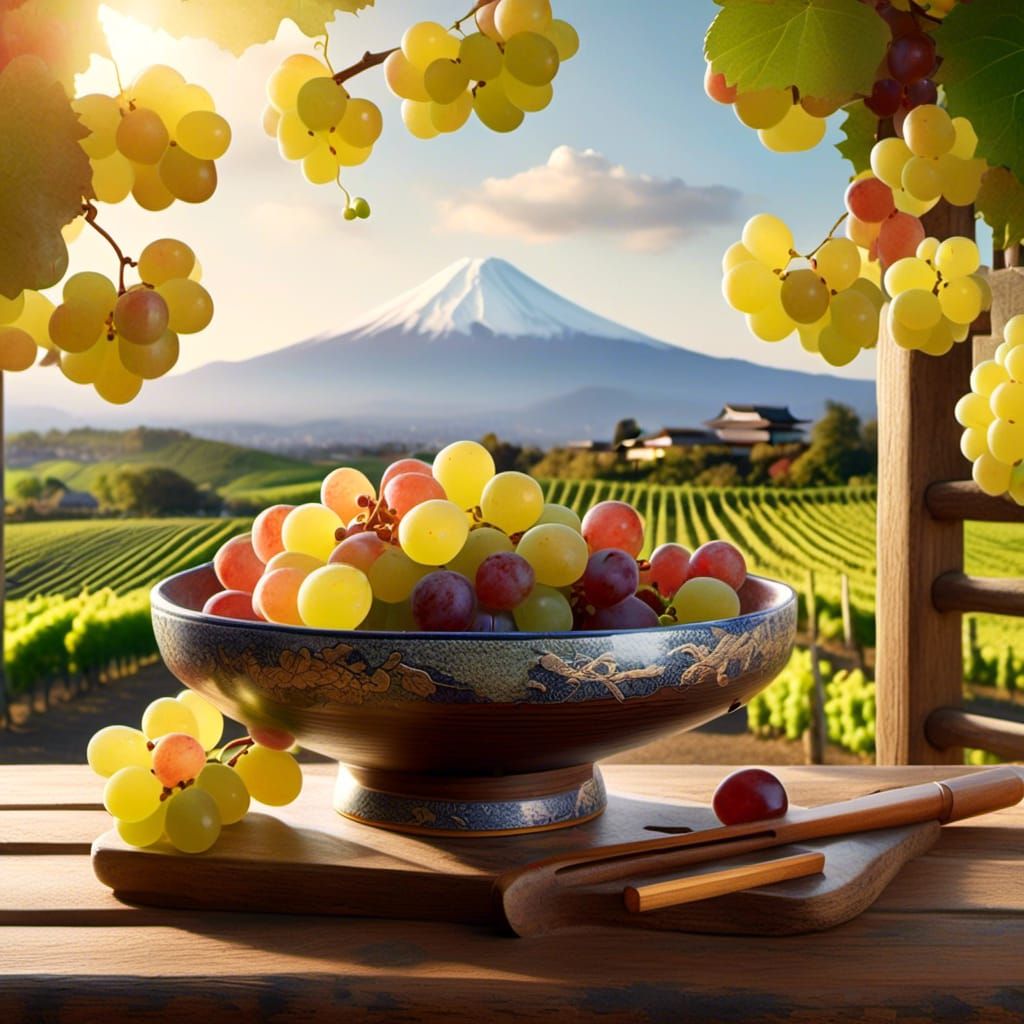 <lora:Asien Inspirations:1.0>Koshu Grapes in a bowl standing...