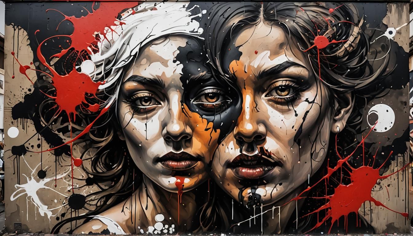 Paintings depicting contrasting elements such as light and dark, good and evil, or yin and yang, high contrast, symbolic...