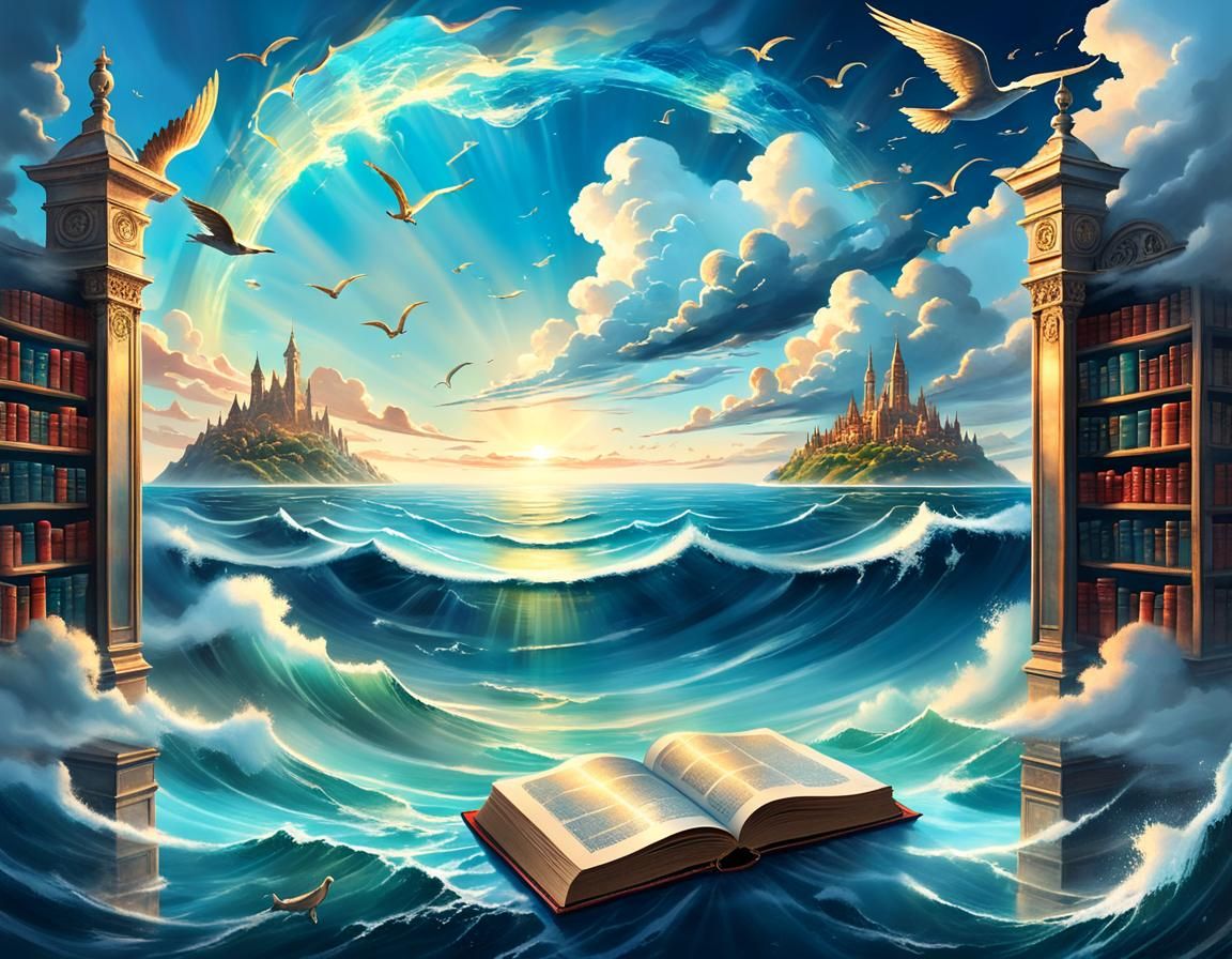 Surreal Skyscape with Mirrored Sea and Flying Books