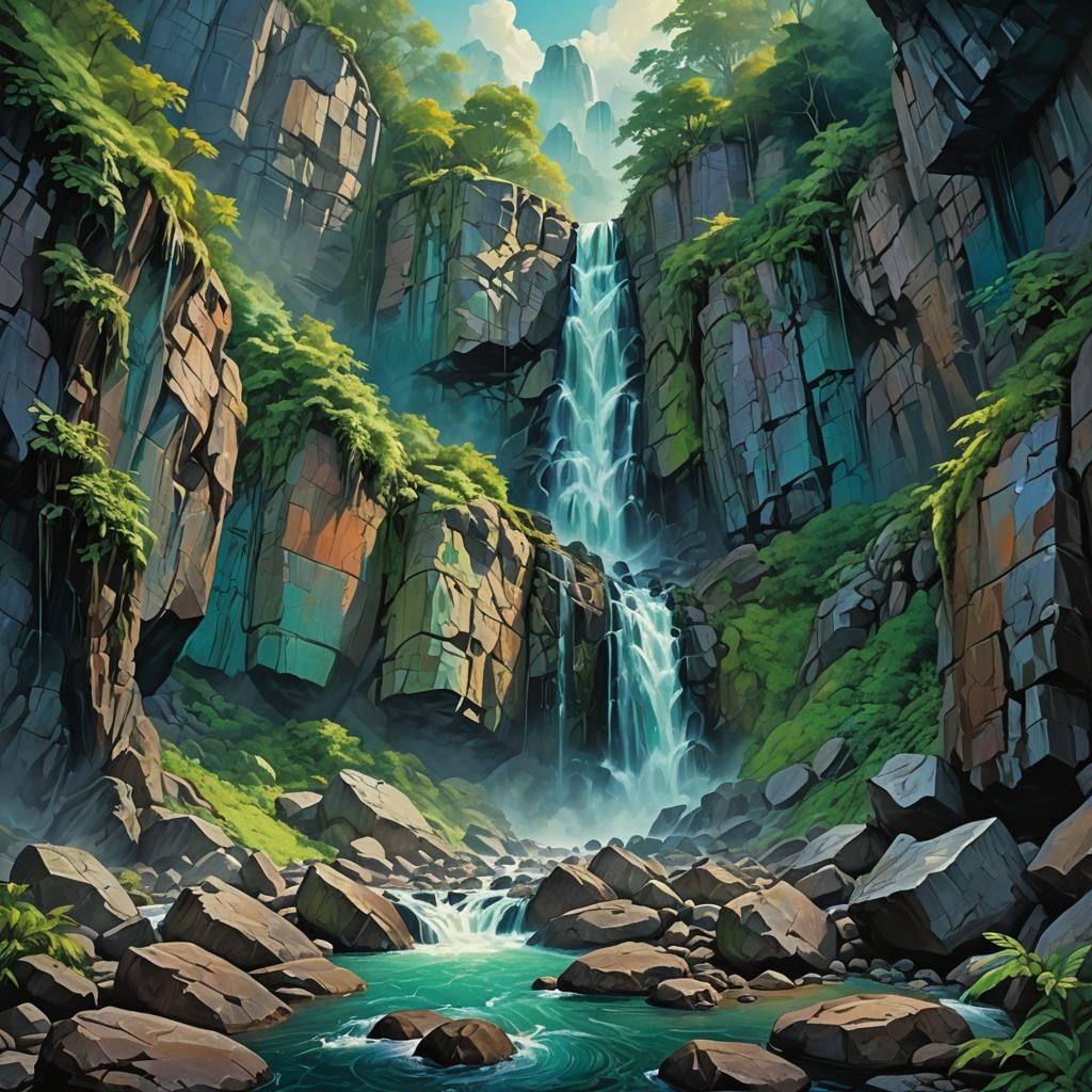 Waterfall in Expressionist Digital Painting Style