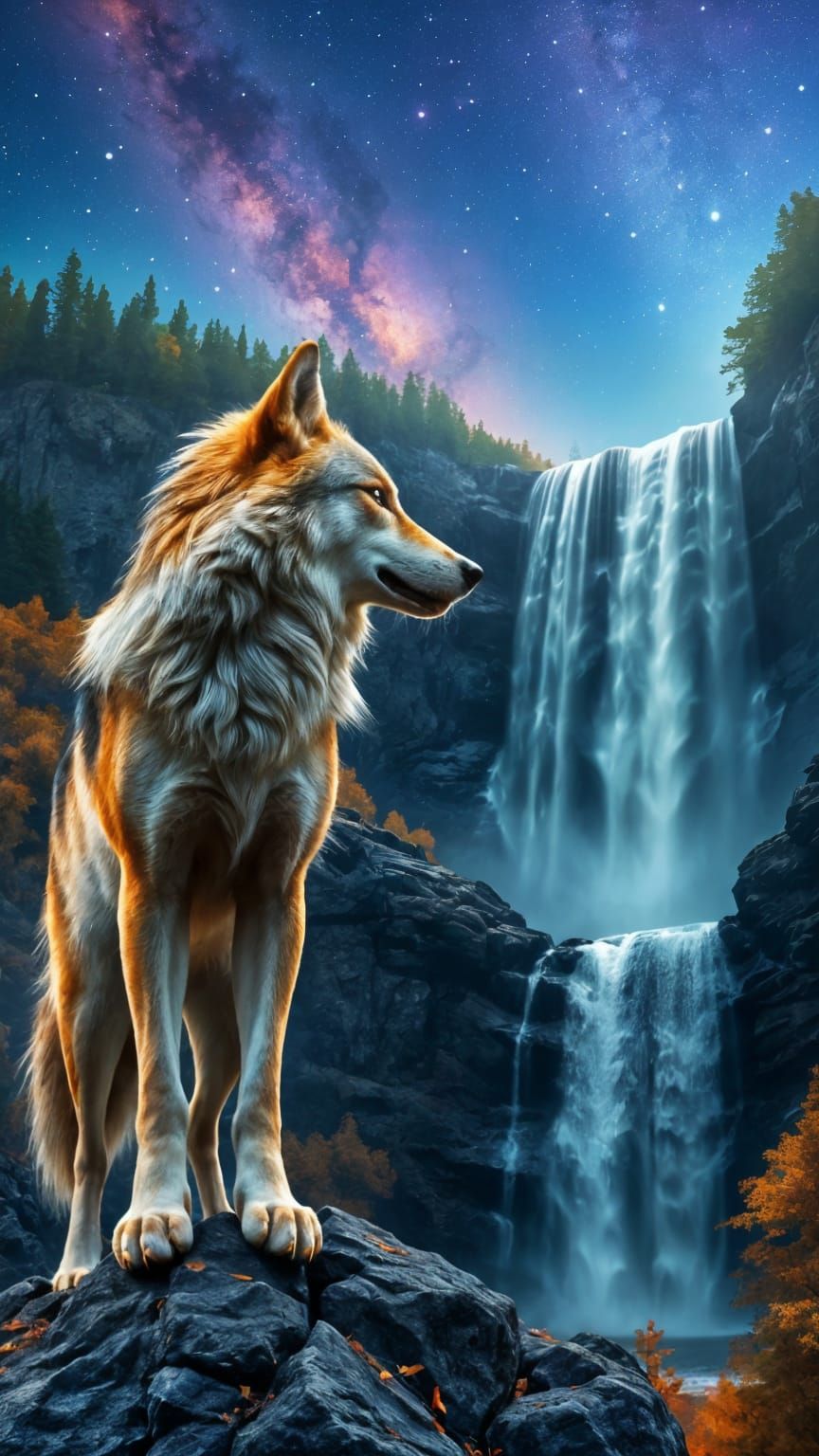 Majestic Wolf Gazes at Autumn Waterfall Under Starlit Sky