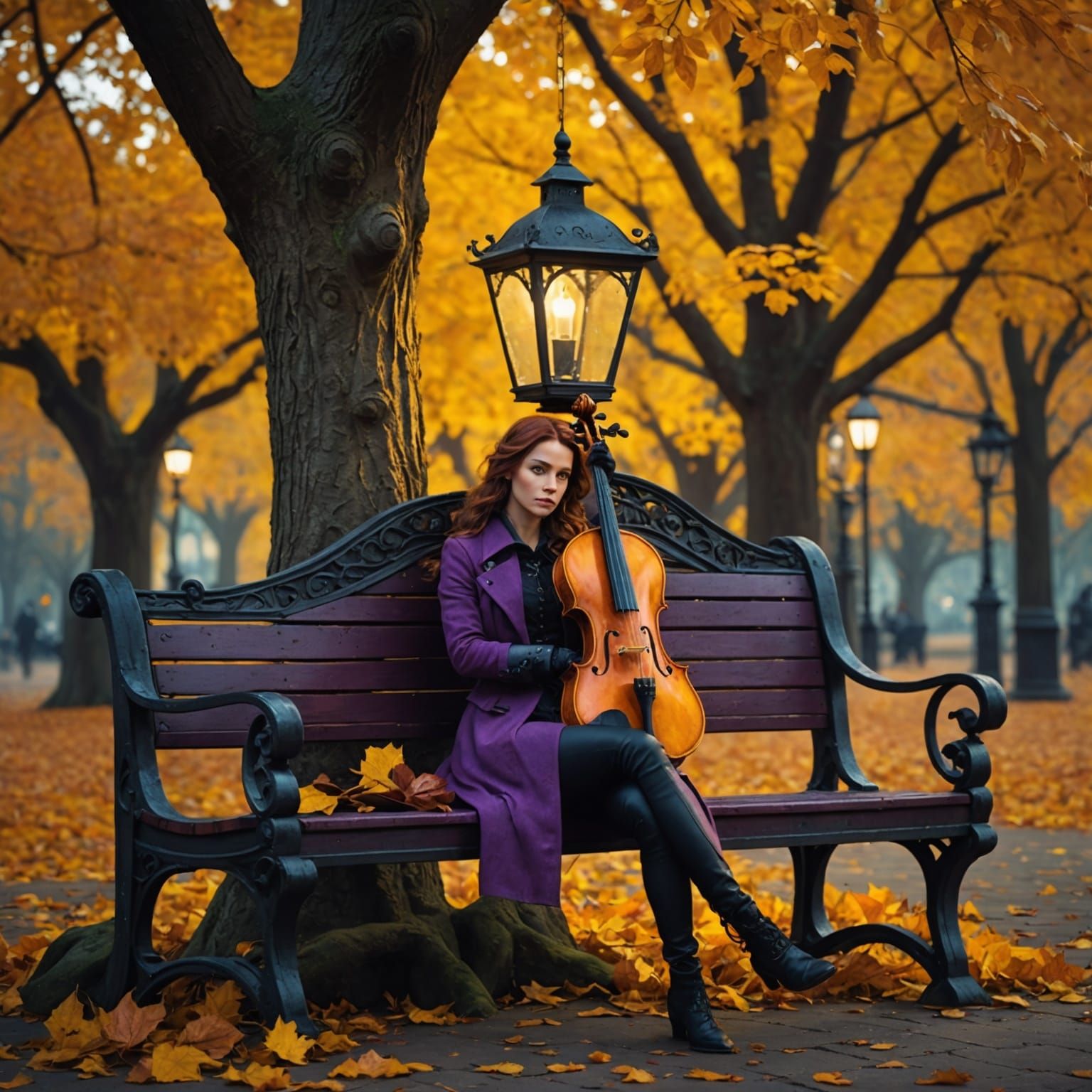 Autumn Park Violin: Dark Fantasy Concept Art