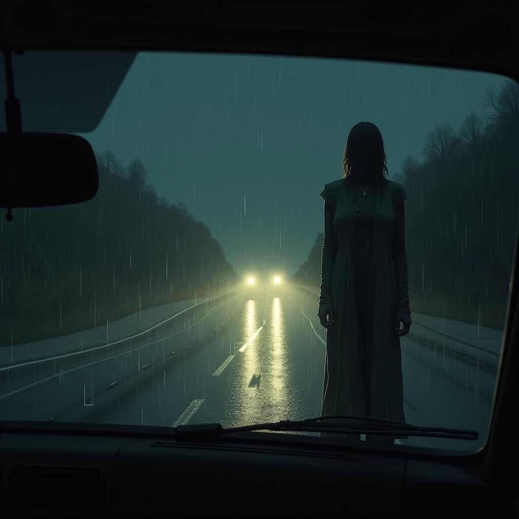 Eerie Highway Encounter in Gustave Doré Style