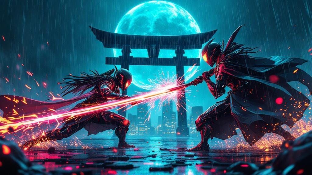 Android Ninja Duel with Plasma Naginata and Photon Scythe