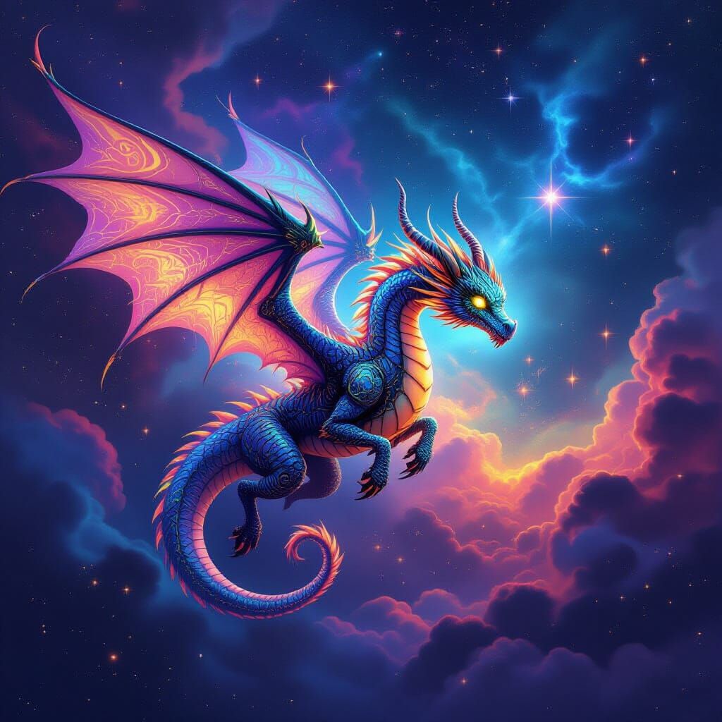 Bioluminescent Steampunk Dragon Soaring Through Nebula