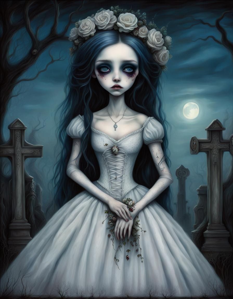 Melancholy Bride in Tim Burton Style Cemetery