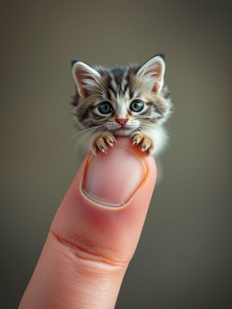 Tiny Feline Marvel Perched on Human Finger