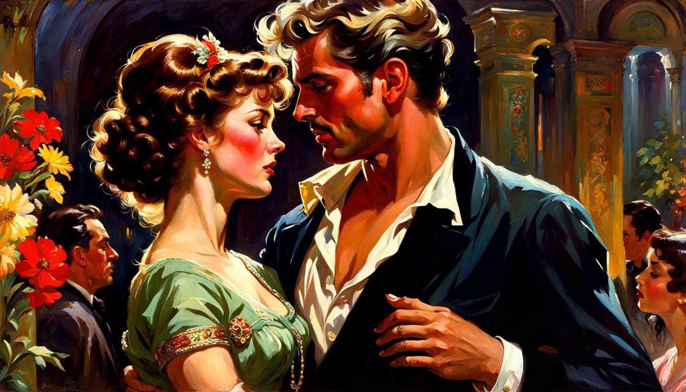 Romantic 1950s Dance Scene in Art Nouveau Style