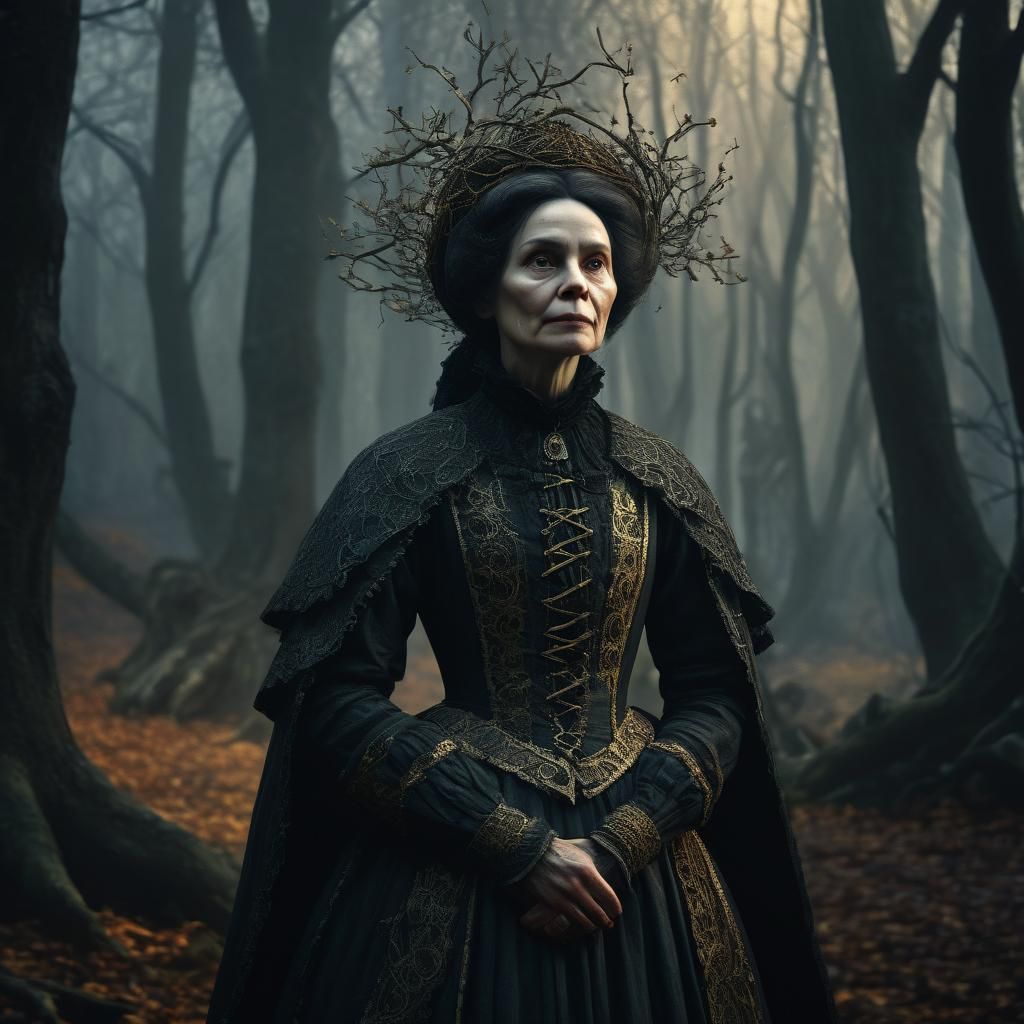 Whimsical Gothic Quaker Woman in Misty Forest