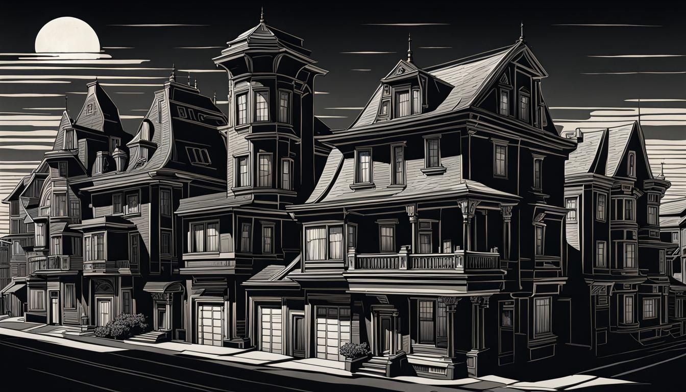 Retro-Futuristic Noir Neighborhood Line Art Illustration