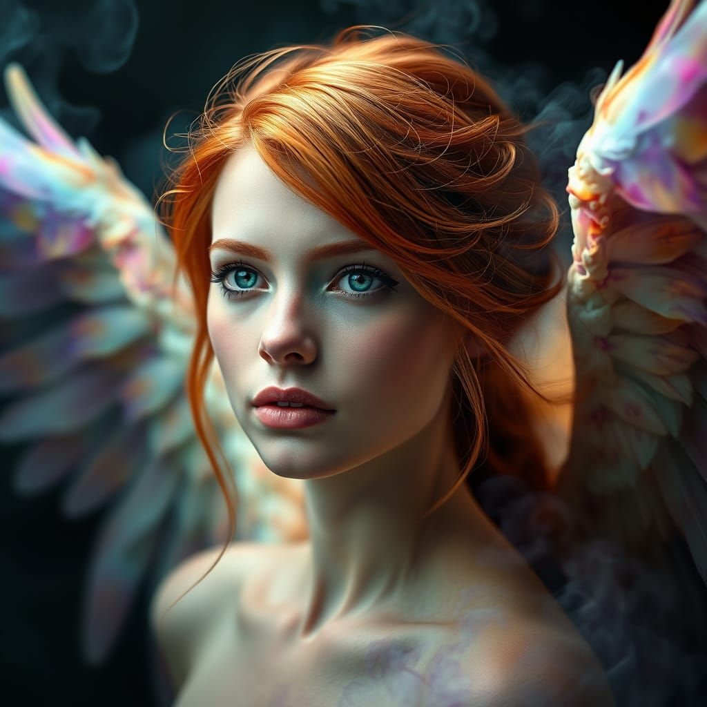 Enigmatic Red Haired Angel with Vibrant Wings and Subsurface...