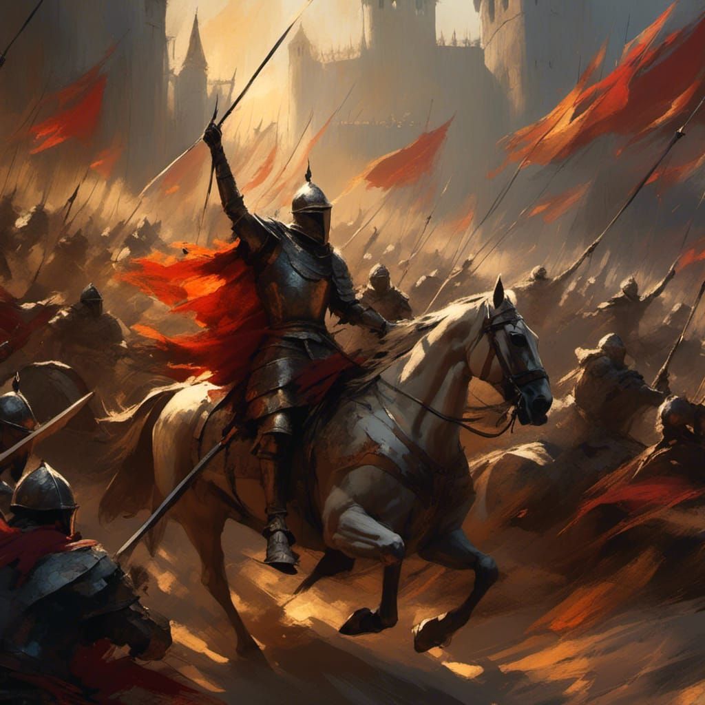 Epic Medieval Battle Scene: Knights and Flags