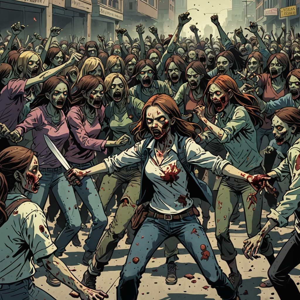 Girl Fighting Zombie Girls in Apocalyptic Style