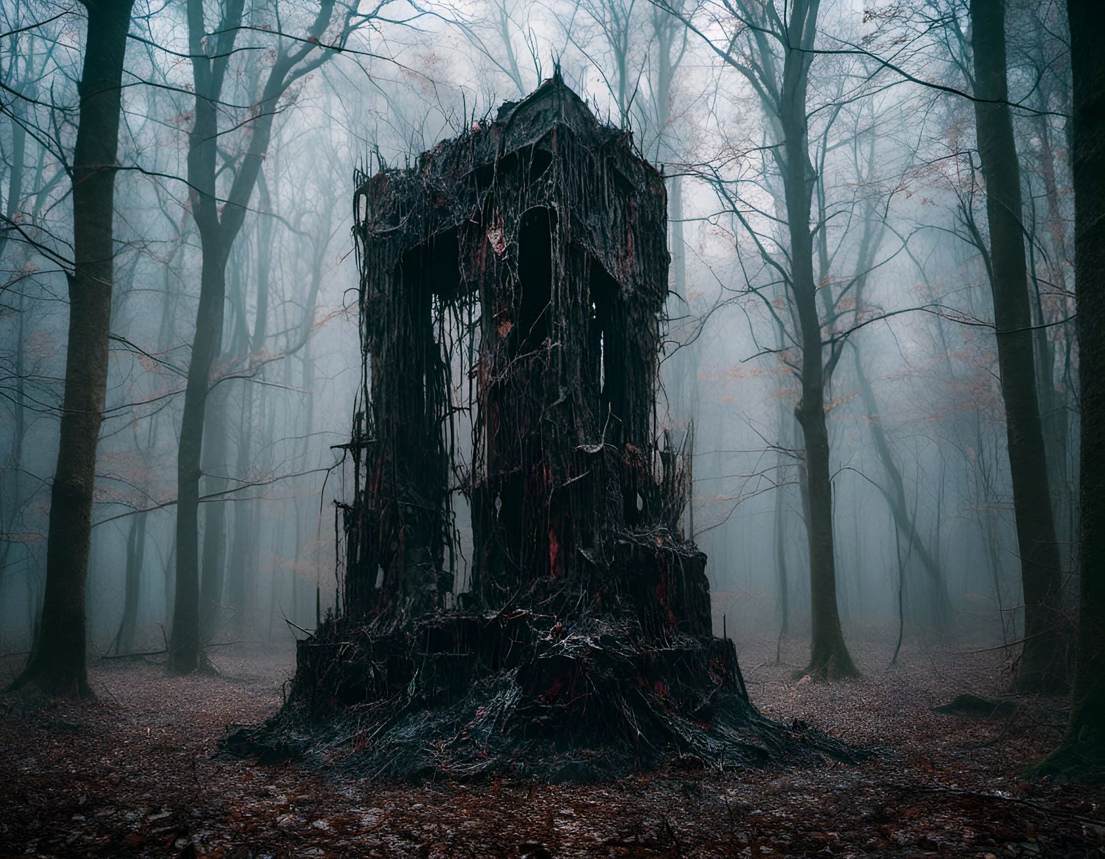 Alien Sculpture in Dark Forest Inspired by Dali