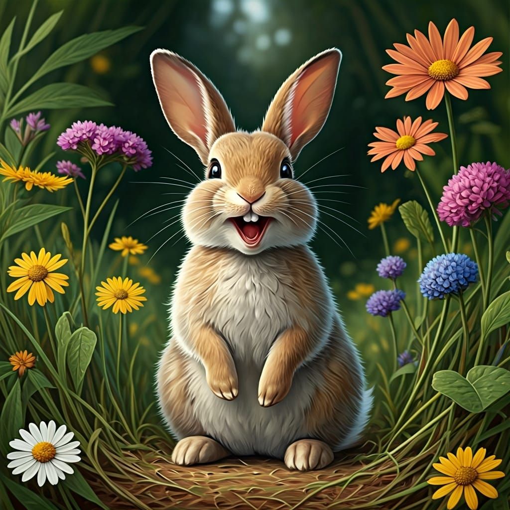 Laughing Bunny in Wildflower Meadow