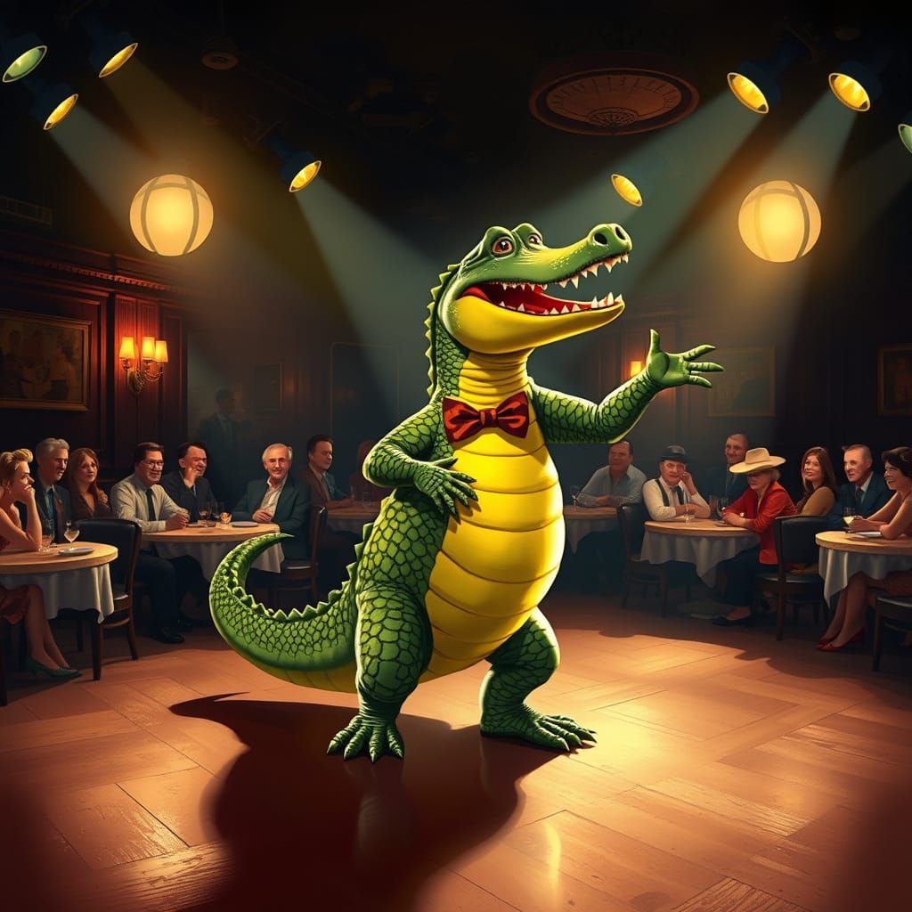 Anthropomorphic Crocodile Dances in Retro Nightclub