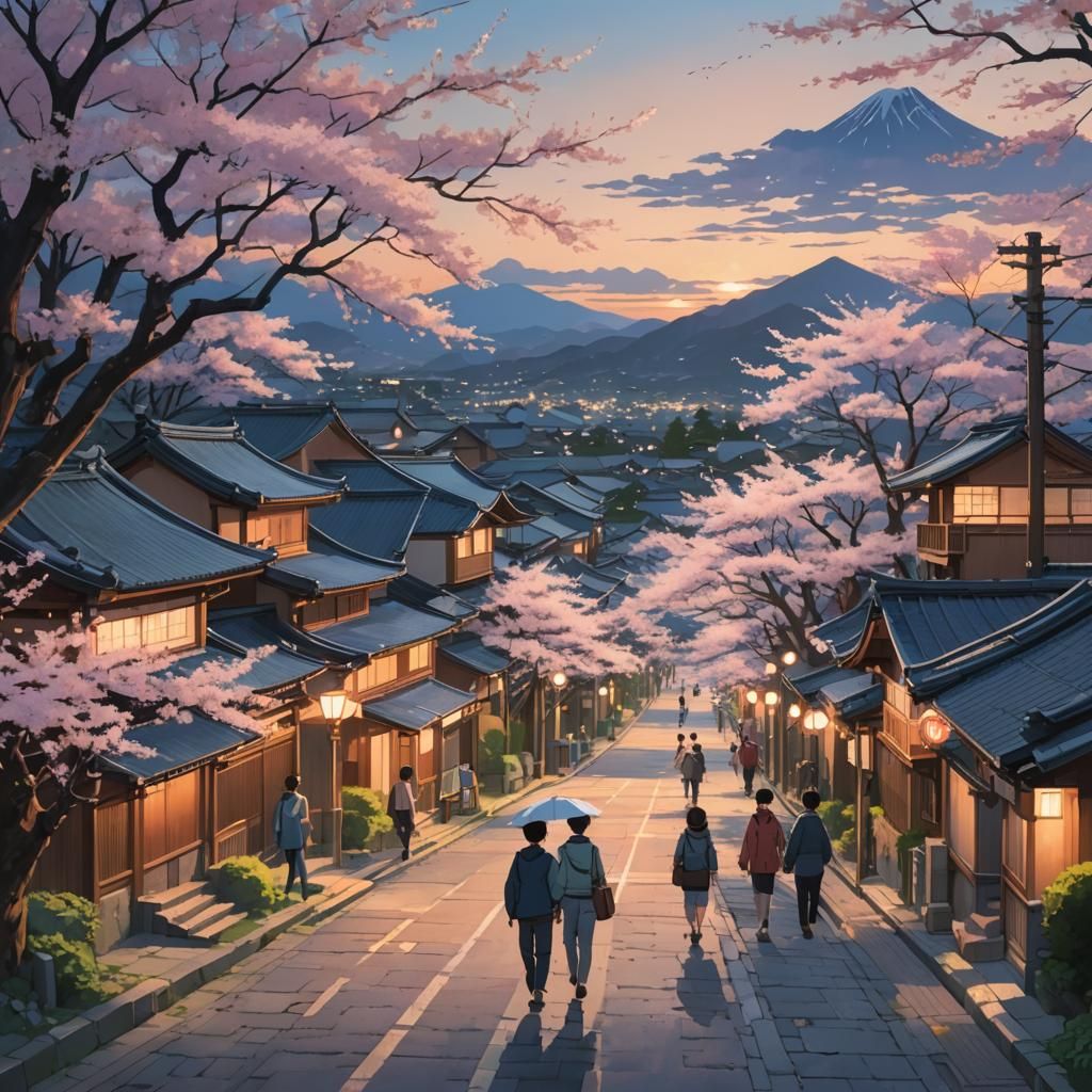 Serene Japanese Village at Dusk: Anime Key Visual