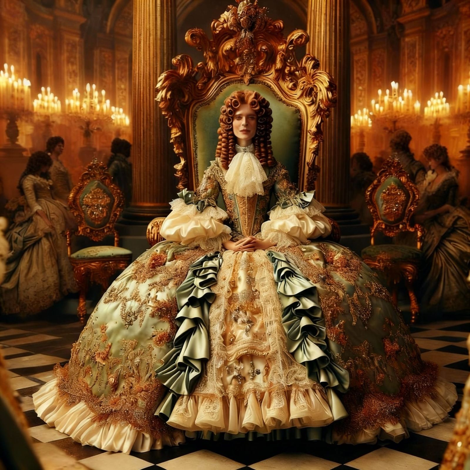 Baroque Princess Seated on Ornate Throne in Golden Court