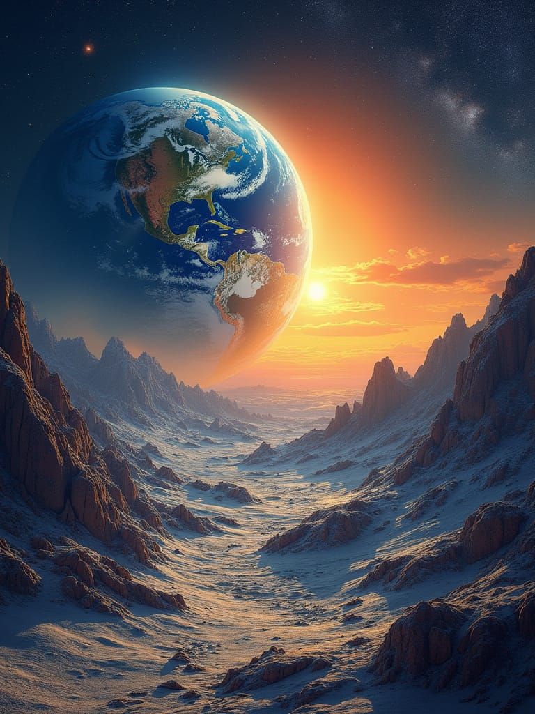 Realist Earthrise Over the Moon in Vibrant, Golden Light