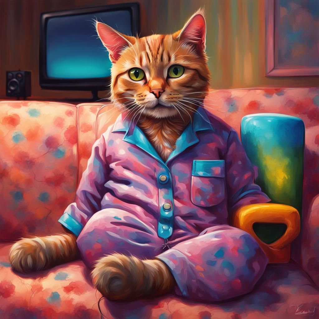 Hyperrealistic Cat in Pajamas with Remote Control