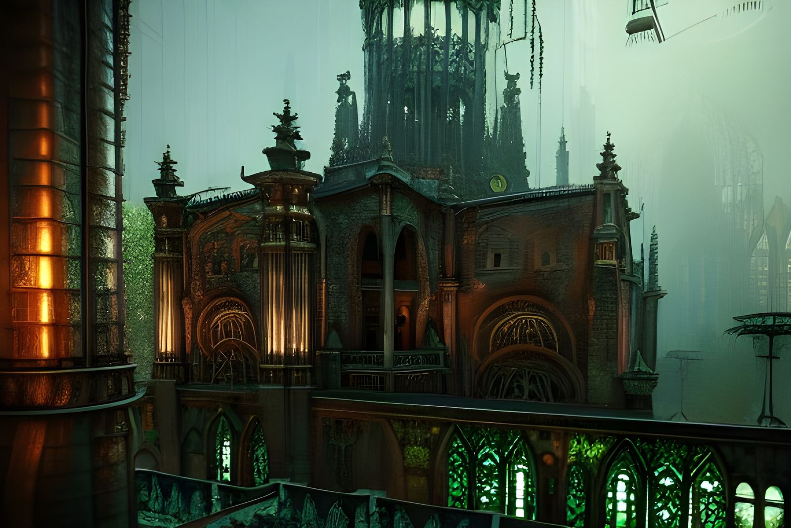 Steampunk Copper Cathedral with Green Stained Glass