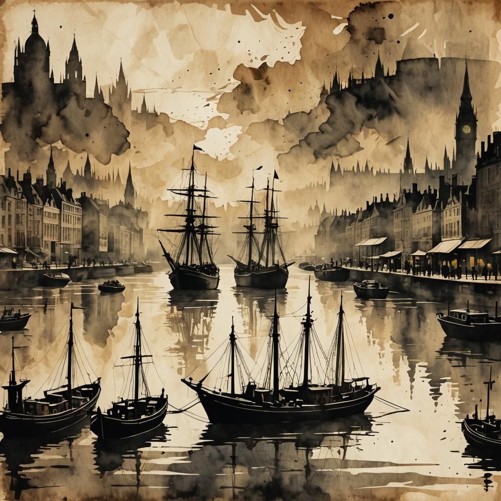 Steampunk River Thames Ink Painting with Vintage Elements