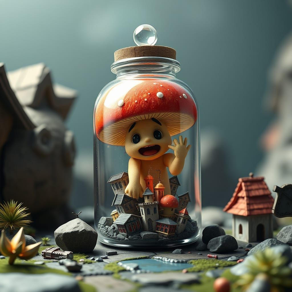 Tiny crazy anthropomorphic mushroom figure trying to smash f...