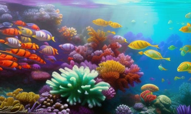 a scene of a vibrant underwater coral reef teeming with trop...