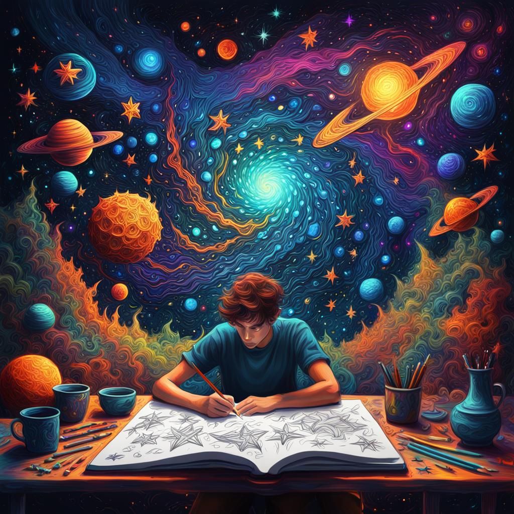 Psychedelic Star Doodle World in Impasto Oil Paint