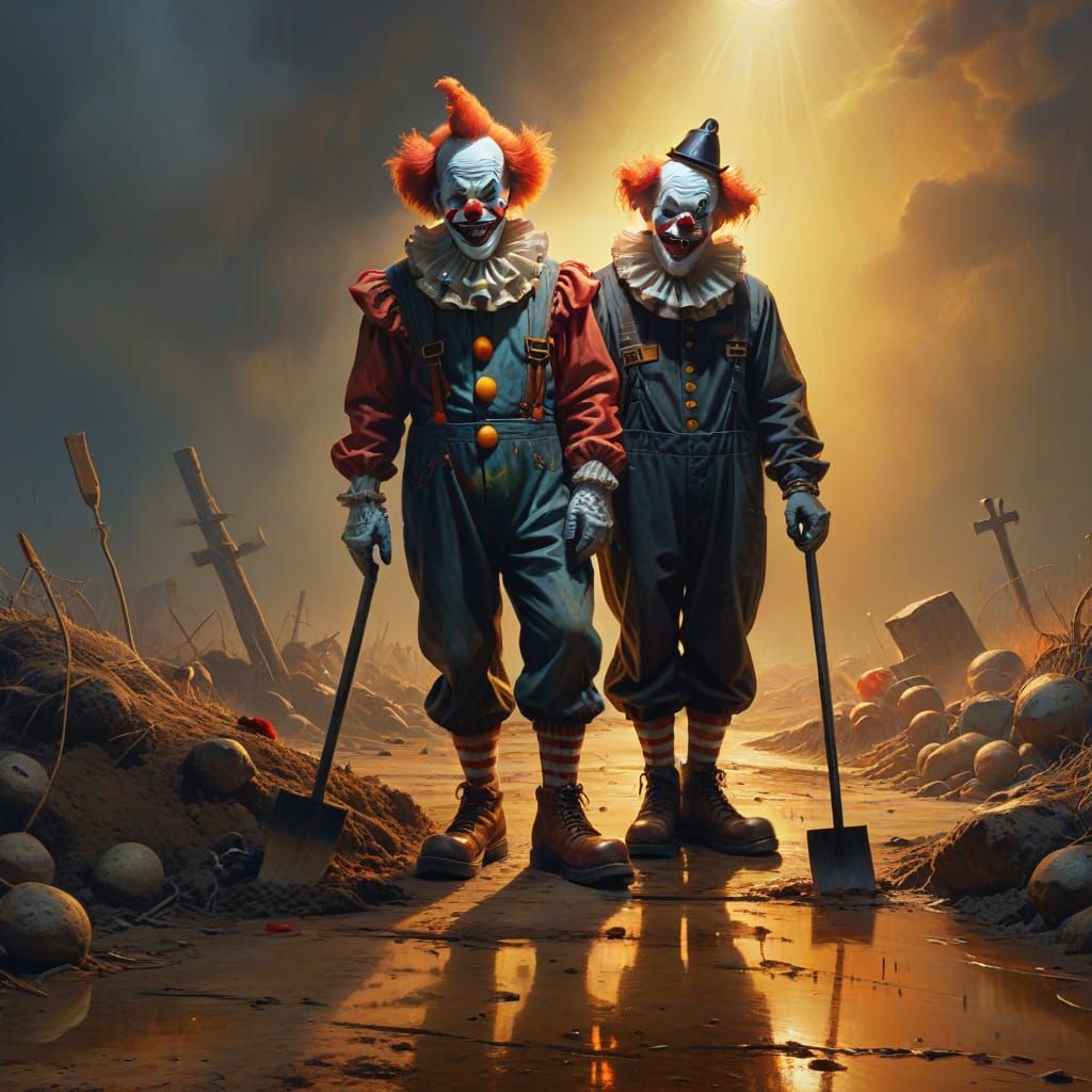 Surreal Clown and Gravedigger in Vibrant Oil Painting
