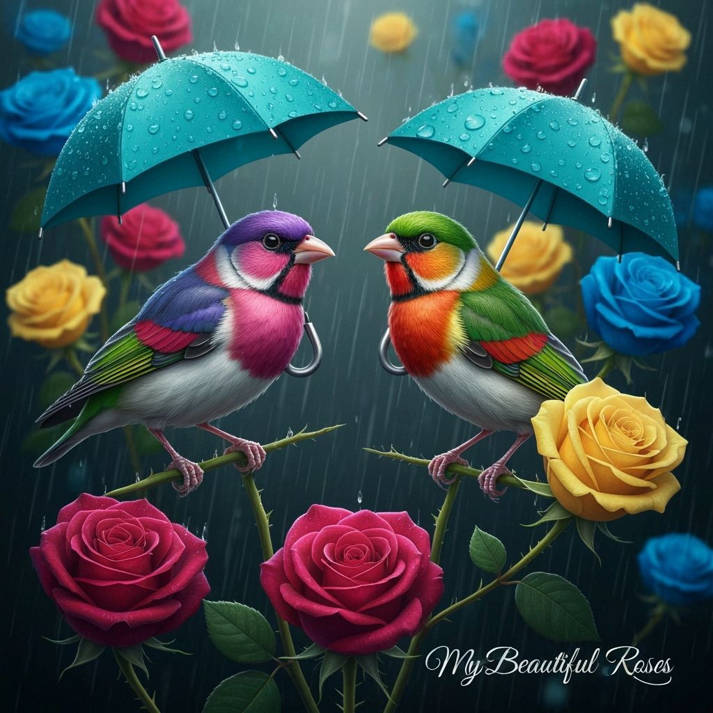 Birds Under Umbrella in Rainy Rose Garden