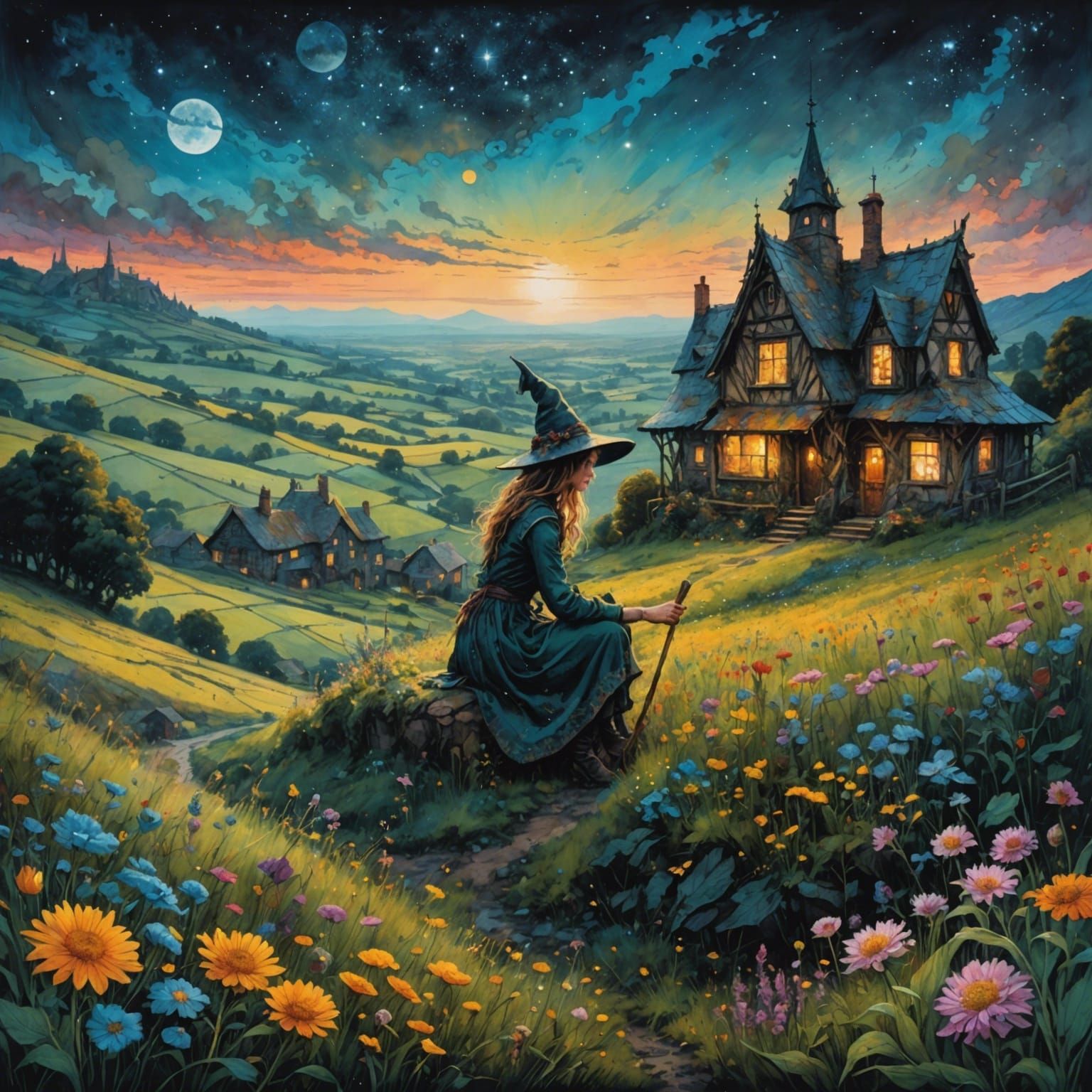 Starry Village Landscape with Witch, Detailed Fantasy Art