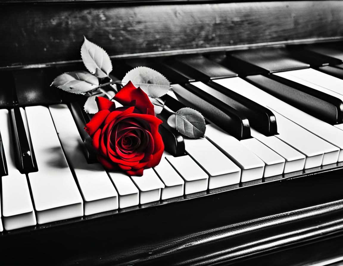 Red Rose Resting on Piano Keys