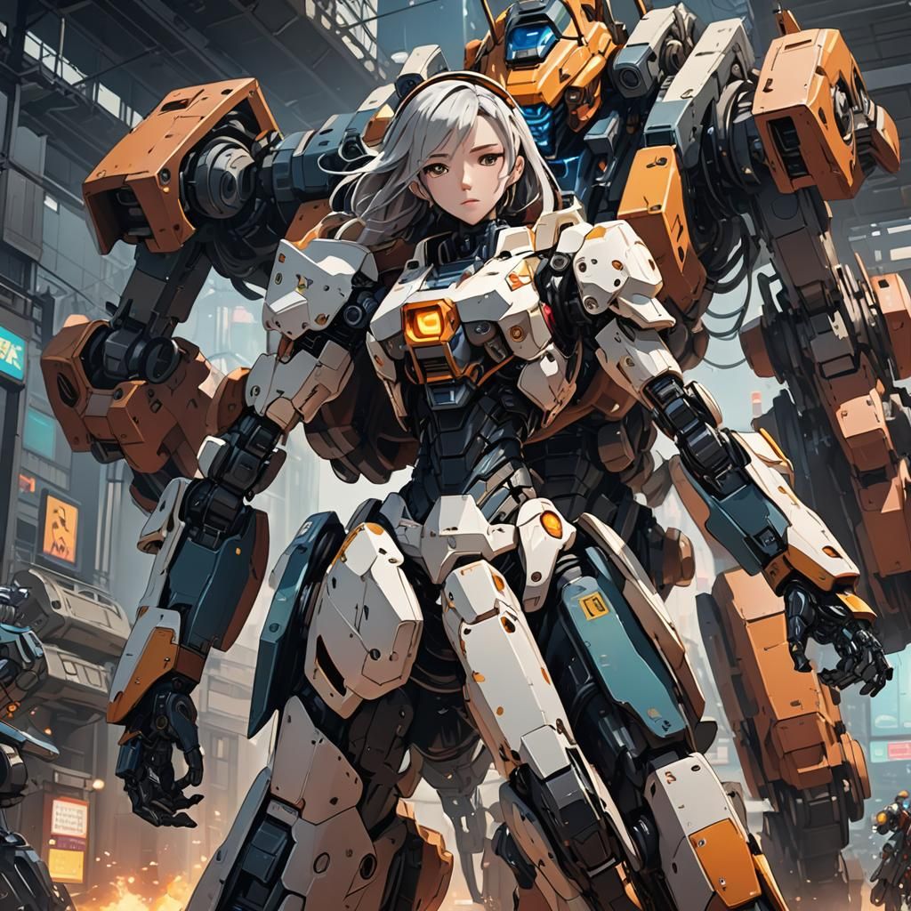 Anime Robot Girl Riding a Mech in Cel-Shaded Style