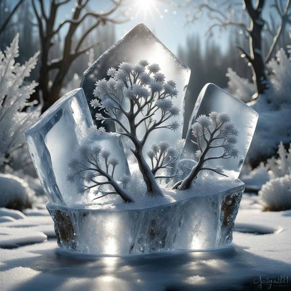Icy River Garden with Crystalline Flowers: 3D Render