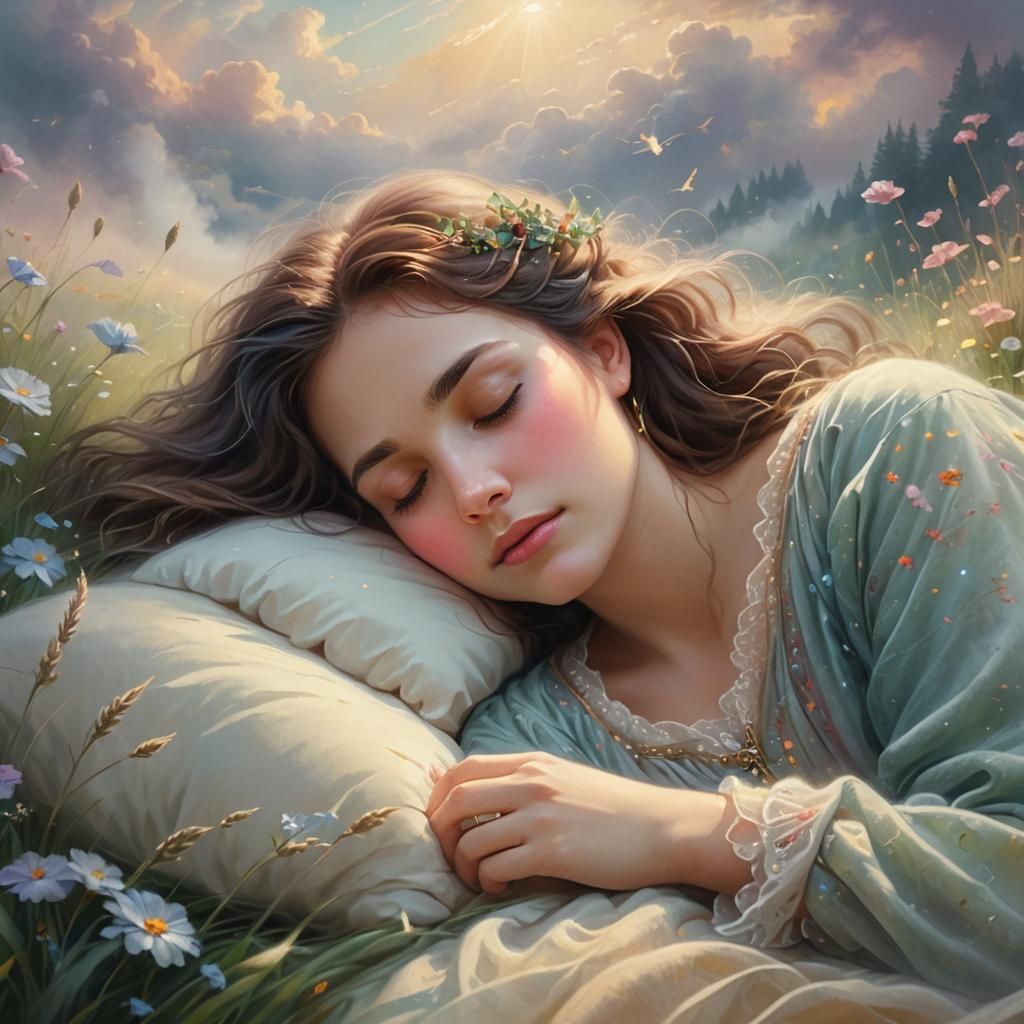 Ethereal Woman Sleeping in Misty Meadow